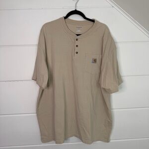 Carhartt Men's XL Heavyweight Short Sleeve Henley T Shirt Khaki Pocket Tee